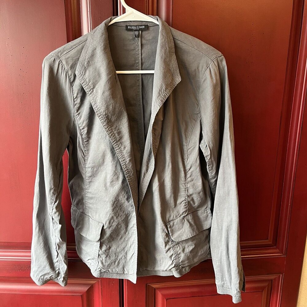 Eileen Fisher Blazer Jacket Size Small Petite Steel Gray Linen Blend Open